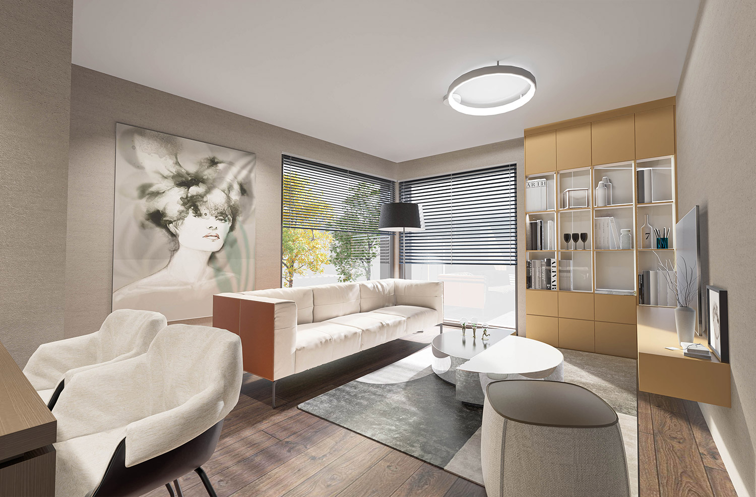 Rendering Eigentumswohnung Wohnzimmer Brunnenhof