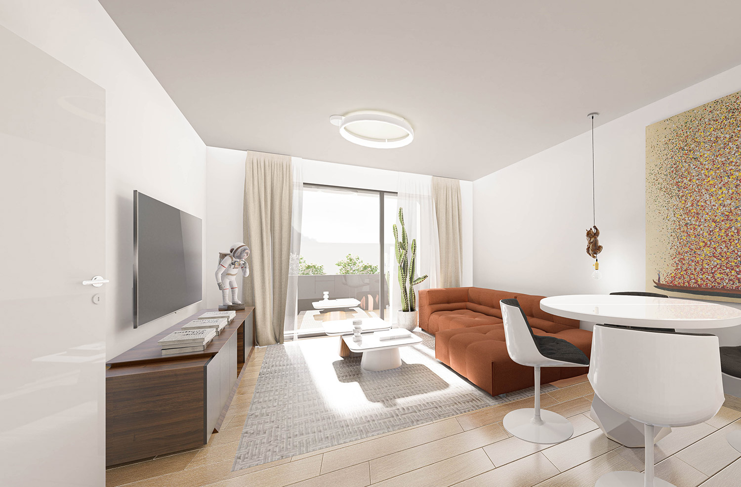 Rendering Eigentumswohnung Wohnzimmer mit Fernblick